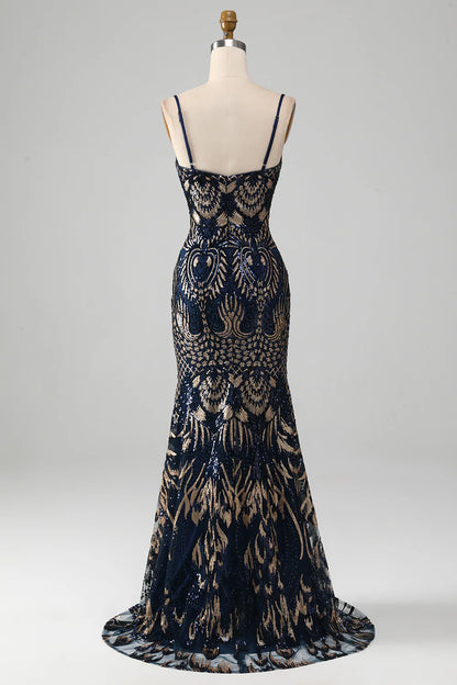 Sparkling navy blue spaghetti strap mermaid dance dress