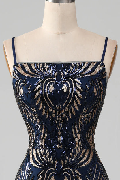 Sparkling navy blue spaghetti strap mermaid dance dress