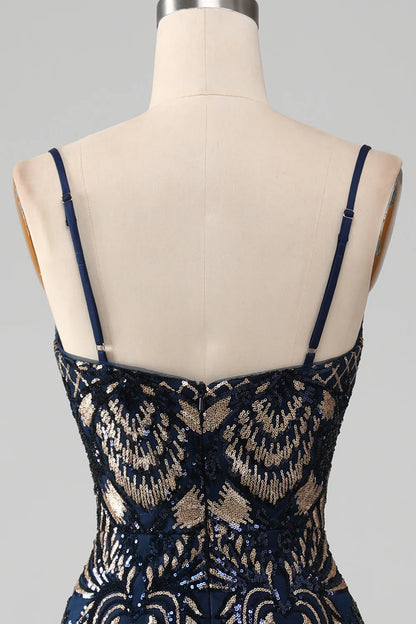 Sparkling navy blue spaghetti strap mermaid dance dress