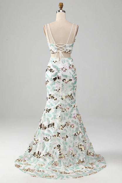 White striped two-piece set of sparkling sexy mermaid dance dress