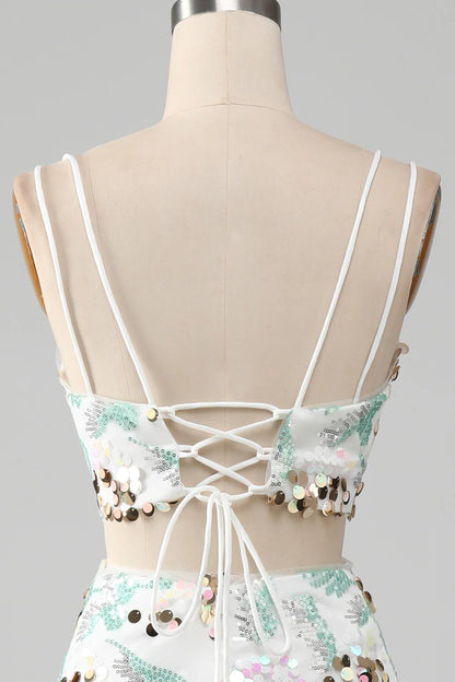 White striped two-piece set of sparkling sexy mermaid dance dress