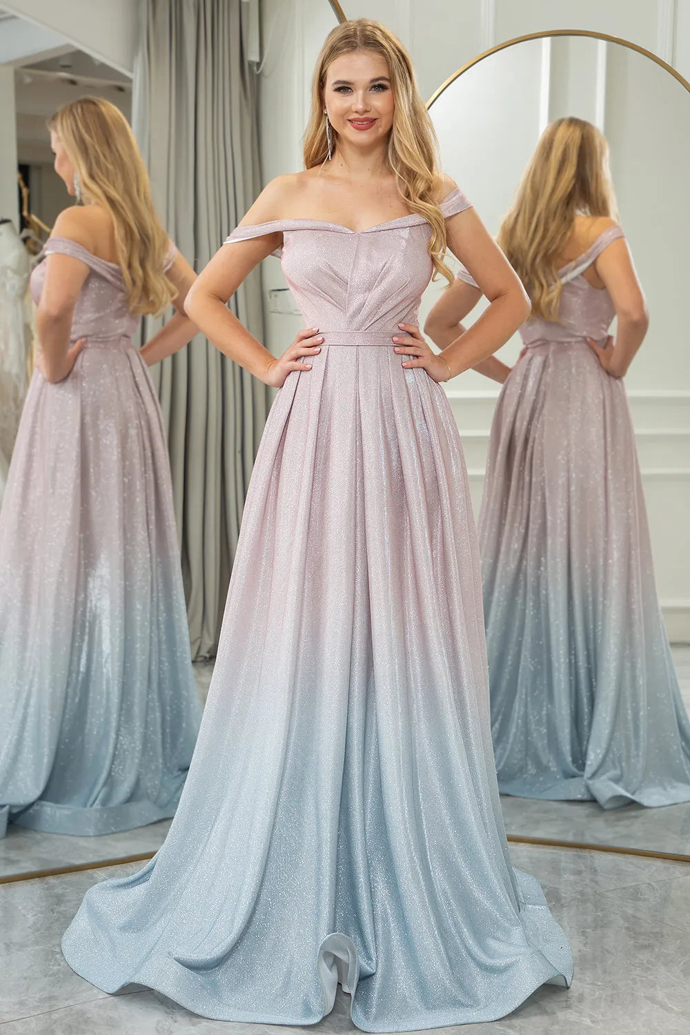 Shiny powder blusher fade A-line off shoulder long t prom dress