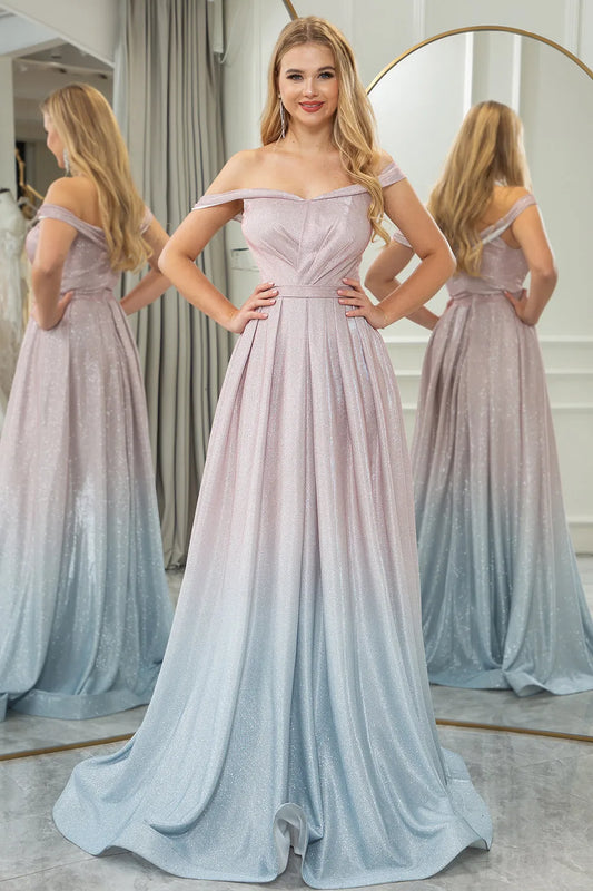 Shiny powder blusher fade A-line off shoulder long t prom dress