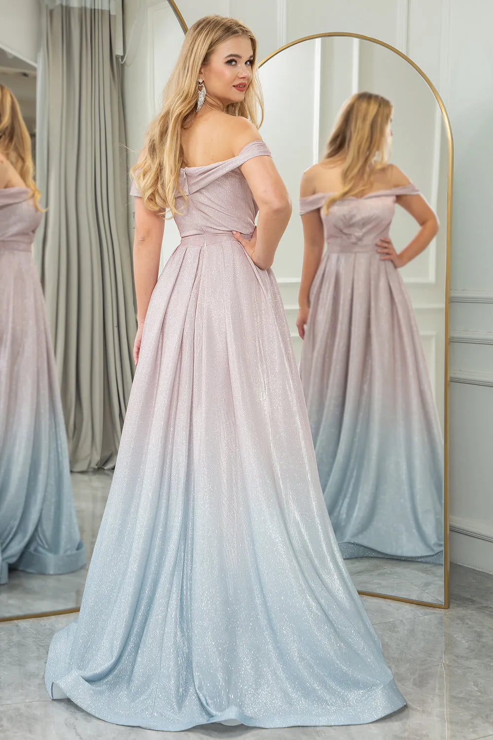 Shiny powder blusher fade A-line off shoulder long t prom dress