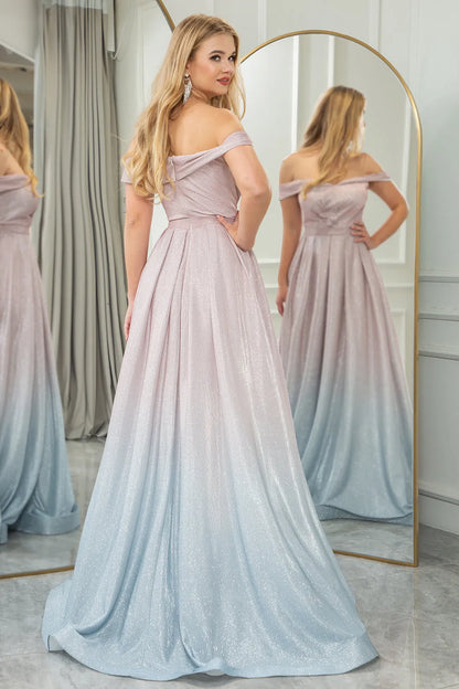 Shiny powder blusher fade A-line off shoulder long t prom dress