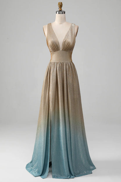 Elegant and Sexy V-neck Gold Split Ball Dress