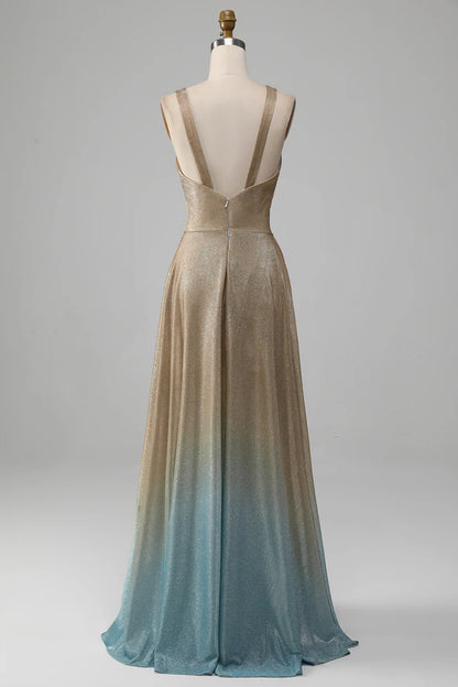 Elegant and Sexy V-neck Gold Split Ball Dress