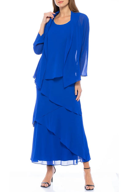 Embellished Scoop Neck Sleeveless Tiered Solid Chiffon Mother of the Bride Dress With Matching Long Sleeve Jacket