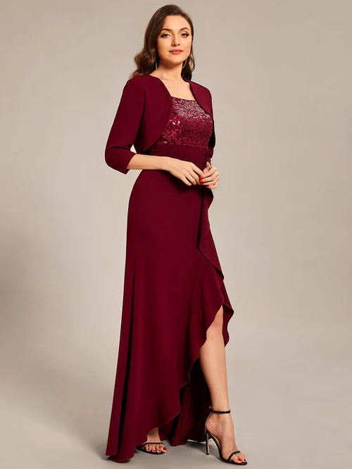 Customized size sequin ruffle edge sexy front slit dress