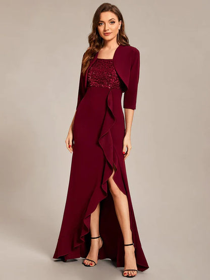 Customized size sequin ruffle edge sexy front slit dress