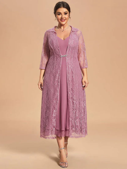 Customized two-piece chiffon sleeveless long sleeved lace bridal mother dress