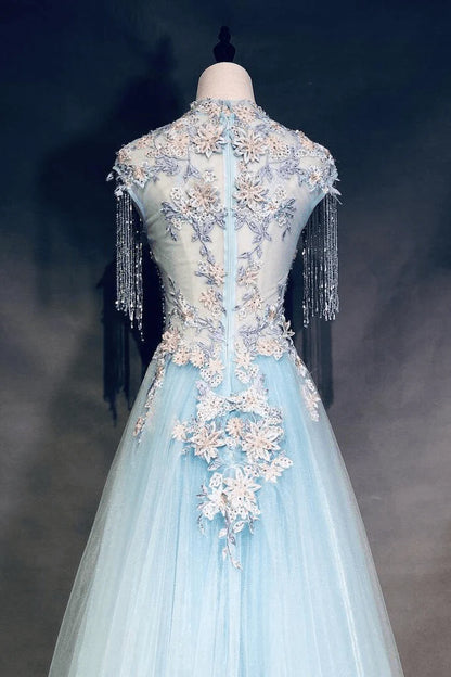 Blue Long sleeved Flower Ball Ball Dress Zipper Evening Dress