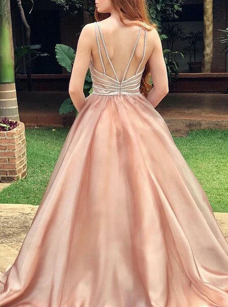 Champagne Italian Noodle Tulle Beaded A-line V-neck Simple Flowing Ball Dress