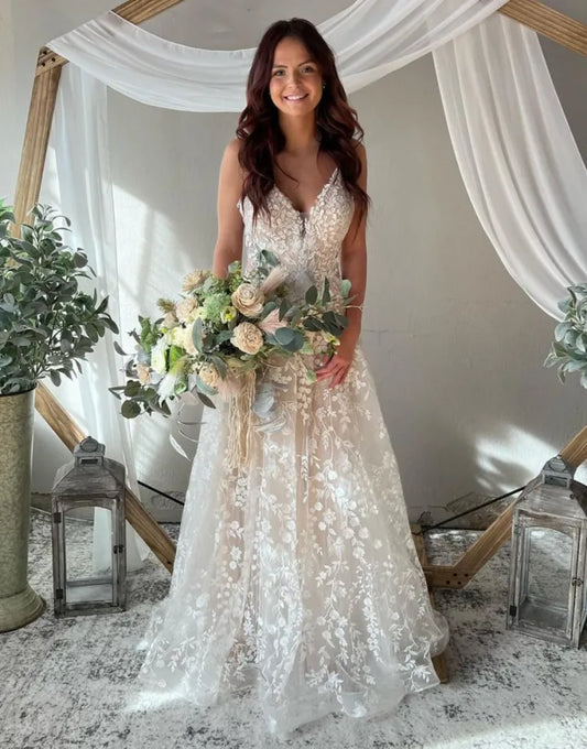 Elegant Champagne A-line Italian Noodle Strap Keyhole Back Wedding Dress