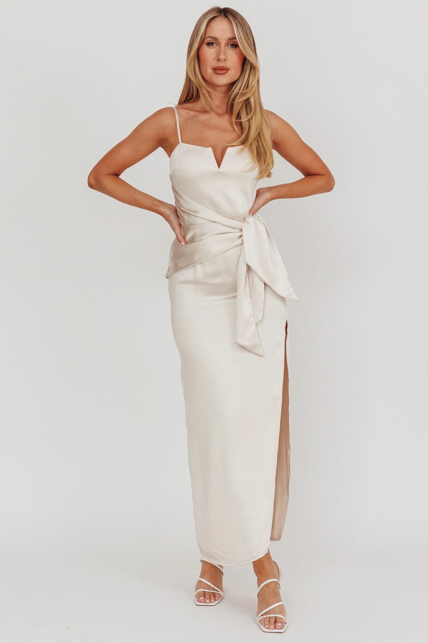 Champagne Satin Wrap Tie High Slit Maxi Evening Dress