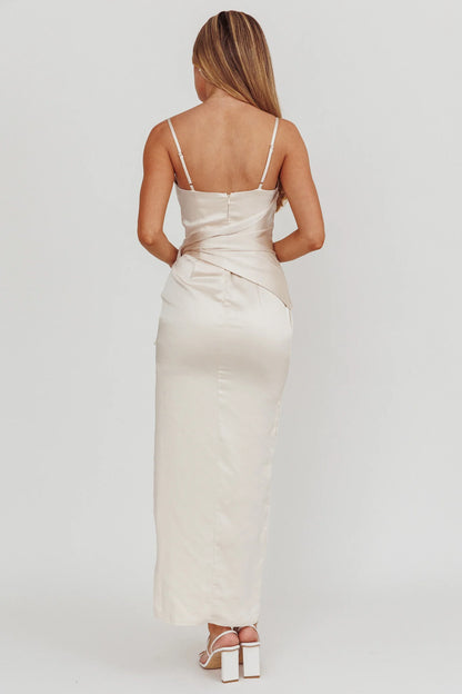 Champagne Satin Wrap Tie High Slit Maxi Evening Dress