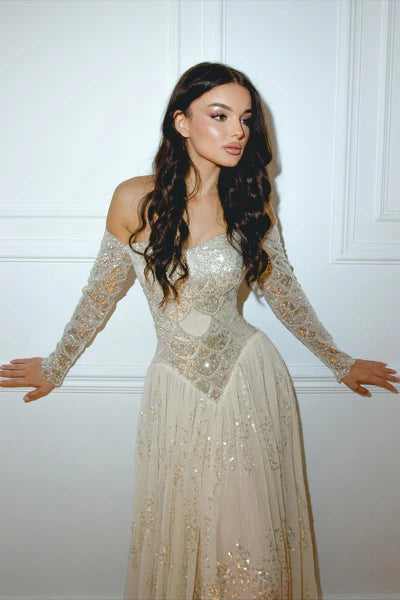 Champagne Sequin Mesh Maxi Prom Dresses with Off Shoulder Long Sleeve Sequin Embroidery for Prom and Red Carpet