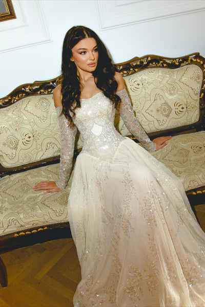 Champagne Sequin Mesh Maxi Prom Dresses with Off Shoulder Long Sleeve Sequin Embroidery for Prom and Red Carpet