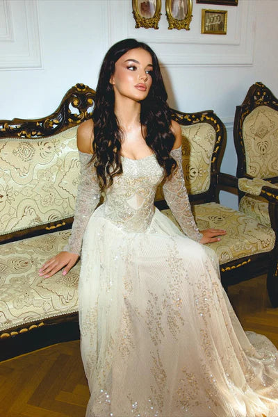 Champagne Sequin Mesh Maxi Prom Dresses with Off Shoulder Long Sleeve Sequin Embroidery for Prom and Red Carpet