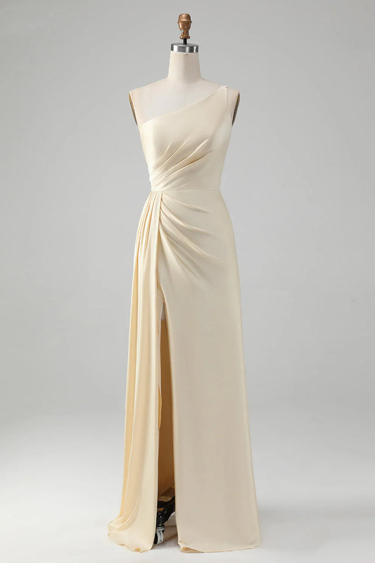 Sheath One Shoulder Pleated Long Bridesmaid Dress With Slit