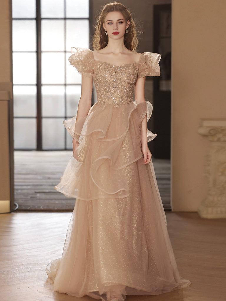 Champagne Tulle Sequin Long Prom Dress Champagne Sequin Long Formal Dress