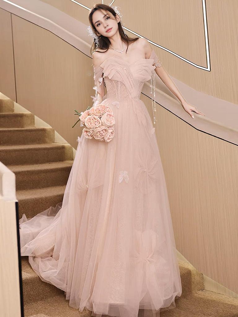 Champagne Pink A-Line Tulle Sequin Long Prom Dress Champagne Pink Prom Dress