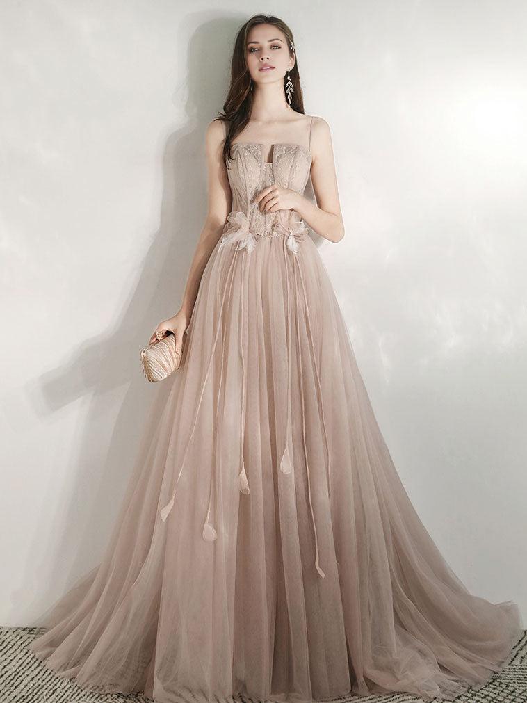 Champagne A-Line Tulle Lace Long Prom Dresses Champagne Lace Formal Dress