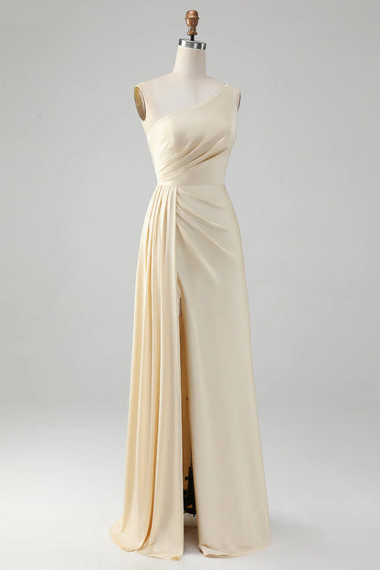 Sheath One Shoulder Pleated Long Bridesmaid Dress With Slit
