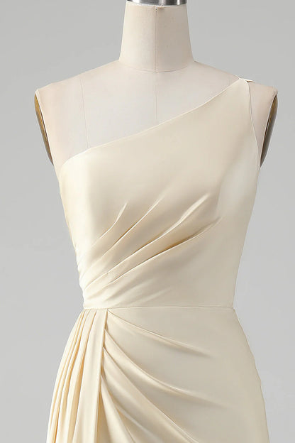 Sheath One Shoulder Pleated Long Bridesmaid Dress With Slit