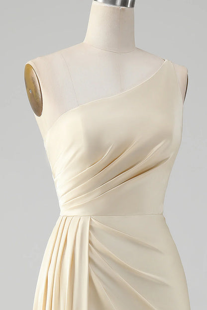 Sheath One Shoulder Pleated Long Bridesmaid Dress With Slit