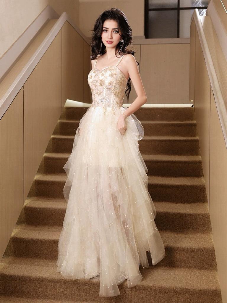 A-Line Sweetheart Neck Beads Champagne Long Prom Dress Champagne Prom Dress