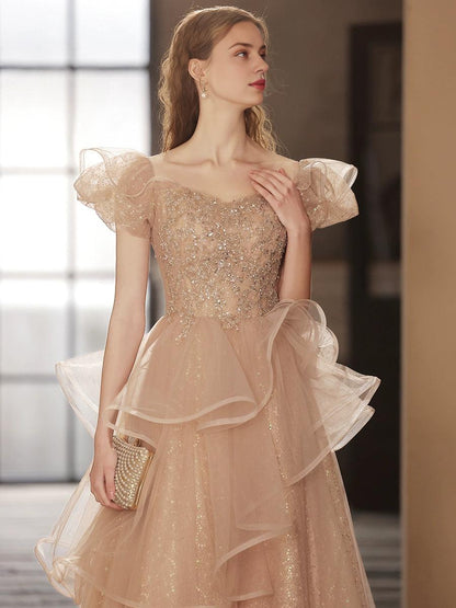 Champagne Tulle Sequin Long Prom Dress Champagne Sequin Long Formal Dress