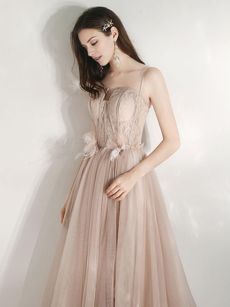 Champagne A-Line Tulle Lace Long Prom Dresses Champagne Lace Formal Dress