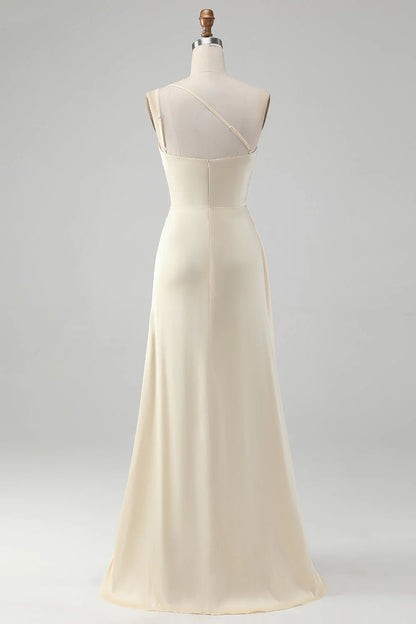 Sheath One Shoulder Pleated Long Bridesmaid Dress With Slit