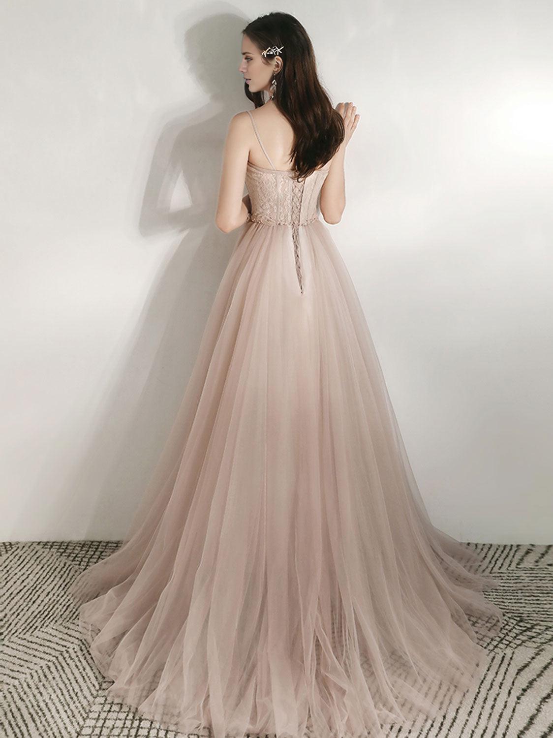 Champagne A-Line Tulle Lace Long Prom Dresses Champagne Lace Formal Dress