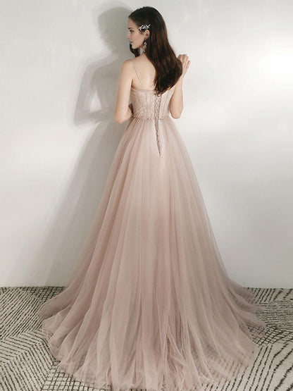 Champagne A-Line Tulle Lace Long Prom Dresses Champagne Lace Formal Dress