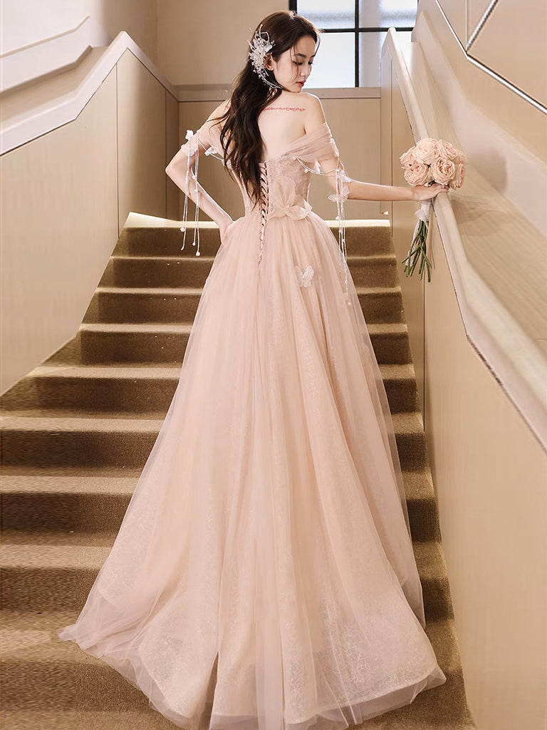 Champagne Pink A-Line Tulle Sequin Long Prom Dress Champagne Pink Prom Dress