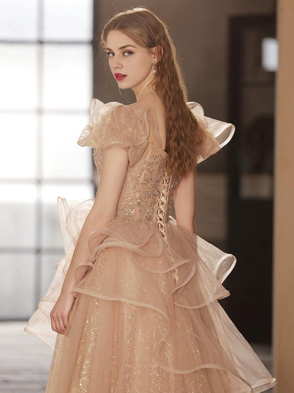 Champagne Tulle Sequin Long Prom Dress Champagne Sequin Long Formal Dress