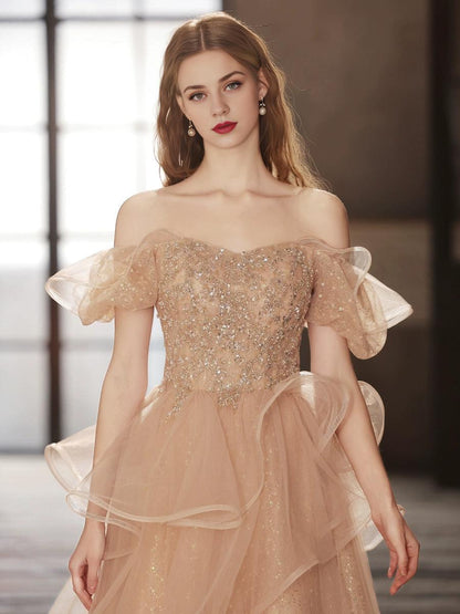 Champagne Tulle Sequin Long Prom Dress Champagne Sequin Long Formal Dress