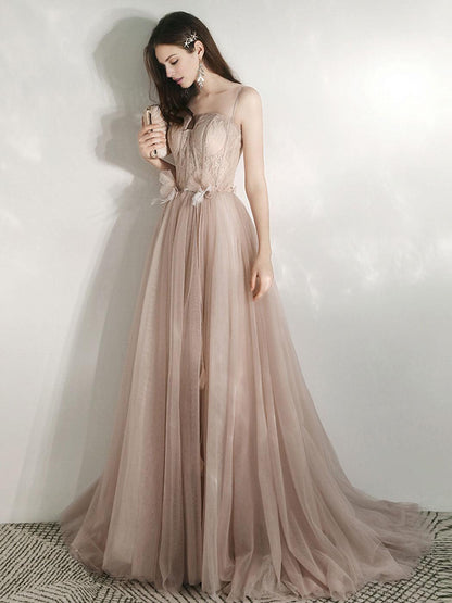 Champagne A-Line Tulle Lace Long Prom Dresses Champagne Lace Formal Dress