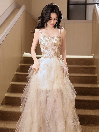 A-Line Sweetheart Neck Beads Champagne Long Prom Dress Champagne Prom Dress
