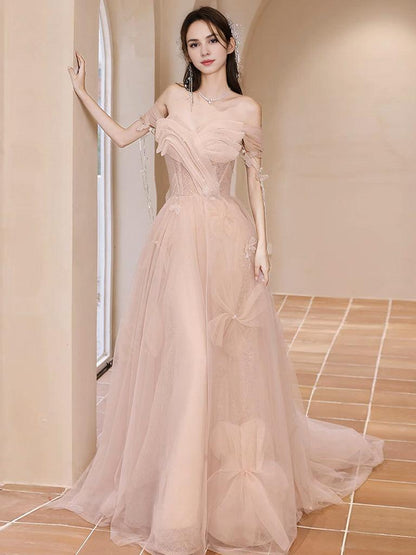 Champagne Pink A-Line Tulle Sequin Long Prom Dress Champagne Pink Prom Dress