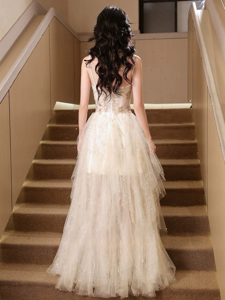 A-Line Sweetheart Neck Beads Champagne Long Prom Dress Champagne Prom Dress
