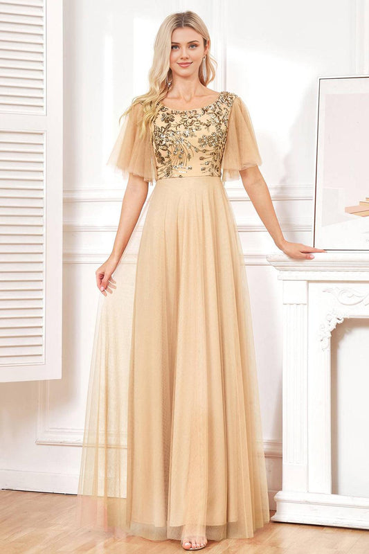 Champagne A Line Sequins Tulle Floor-Length Dress with Bat Sleeves