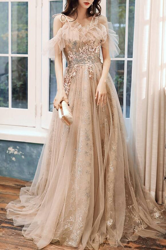 Floral Embroidery Champagne Long Evening Dress