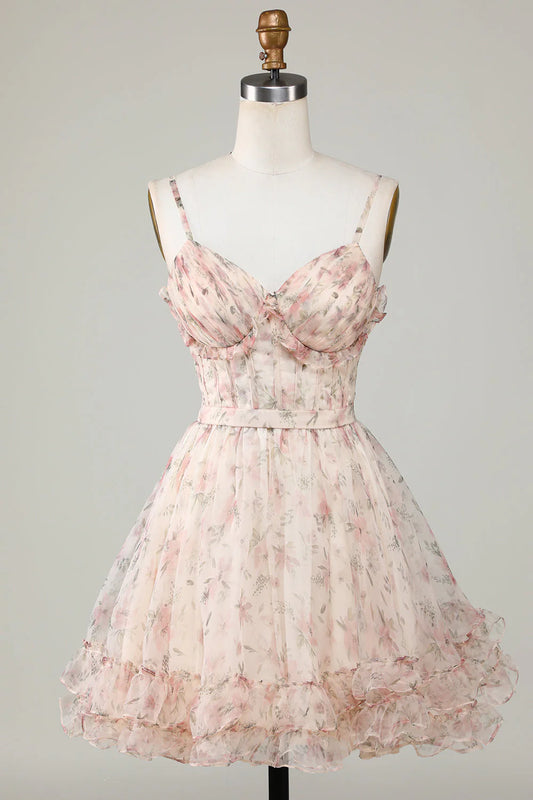 A-Line Corset Floral Short Homecoming Dress with Lace Up Back