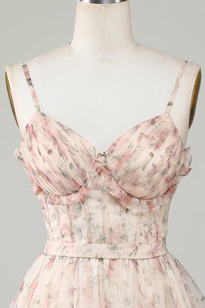 A-Line Corset Floral Short Homecoming Dress with Lace Up Back