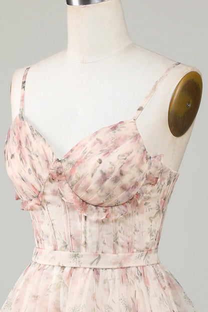 A-Line Corset Floral Short Homecoming Dress with Lace Up Back