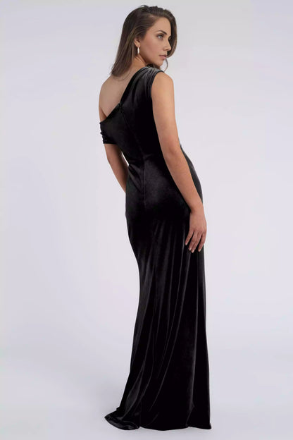 Charismatic asymmetrical dangling neckline with pleated details, elastic velvet tight fitting slant cut skirt, tight corset, back middle zipper, Evening Dresses