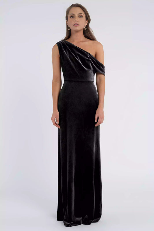 Charismatic asymmetrical dangling neckline with pleated details, elastic velvet tight fitting slant cut skirt, tight corset, back middle zipper, Evening Dresses